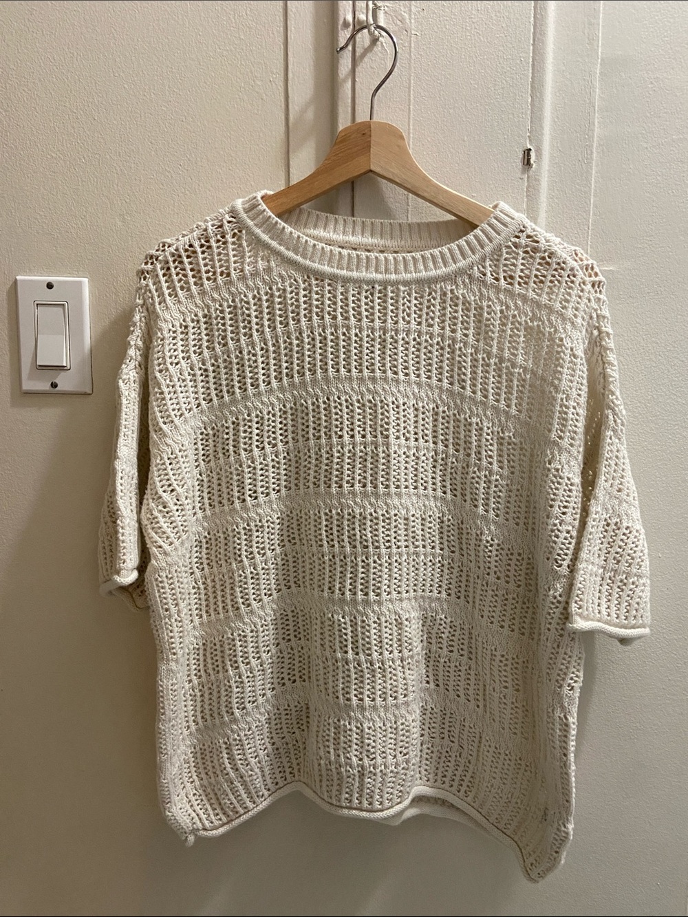 aerie Cream Open-Weave Short Sleeve Crew Sweater